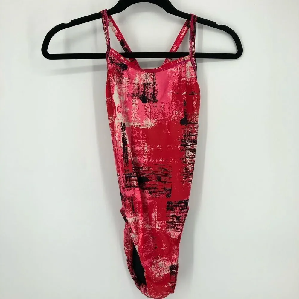 Speedo One Piece‎ Swim Suit Womens 8 Red Artsy Abstract Powerflex Eco Splatter